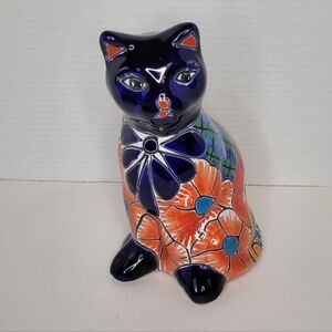 Vintage Talavera Cat Figurine Mexican Folk Art Pottery Animal Bird Floral 8 inch
